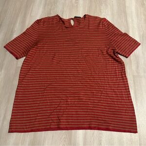 AKRIS Red Tan Striped Cashmere Silk Short Sleeve Blouse Sz 16 XL